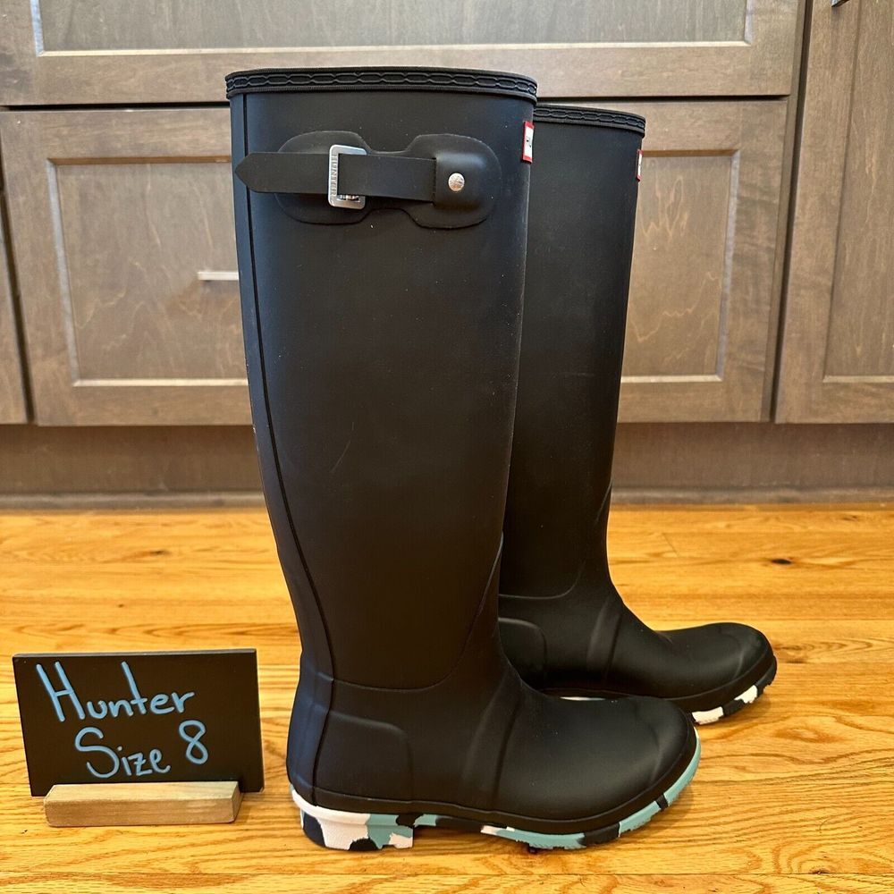 New Womens Hunter Original Tall Color Splash Black Rubber Rain Boots‎ Size 8 M